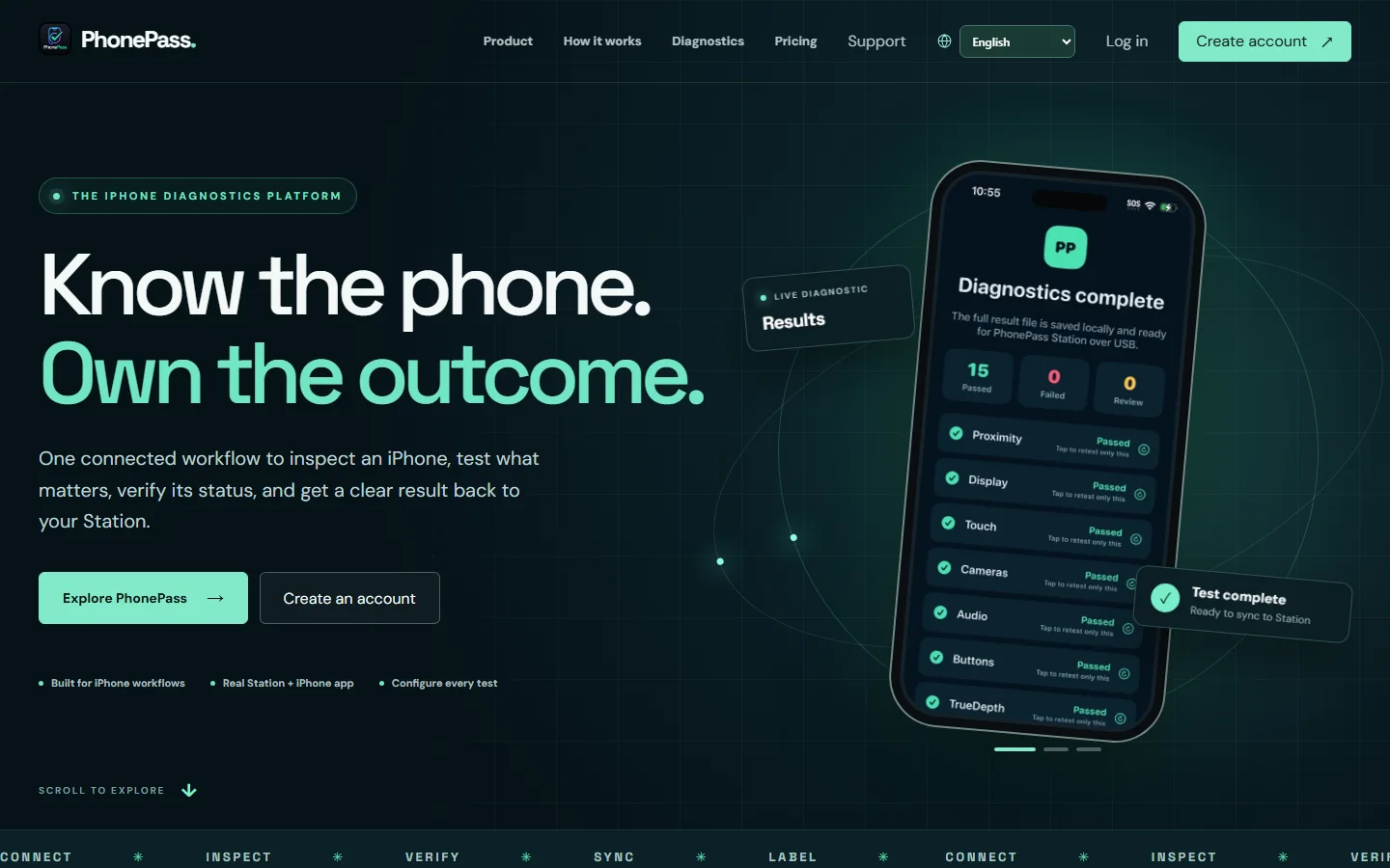 Screenshot of the public PhonePass website